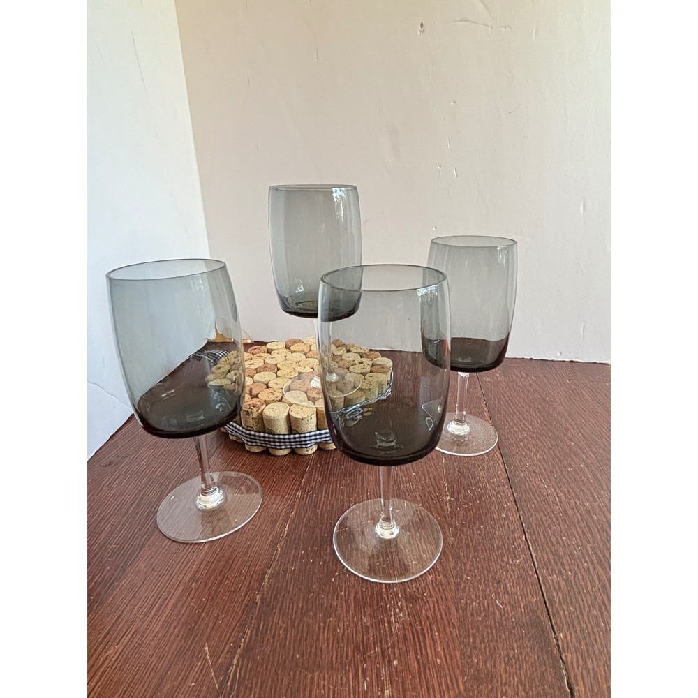 Vintage Smoky Gray Wine Glasses Set of 4 Charcoal Tinted Stemware 7 Inch